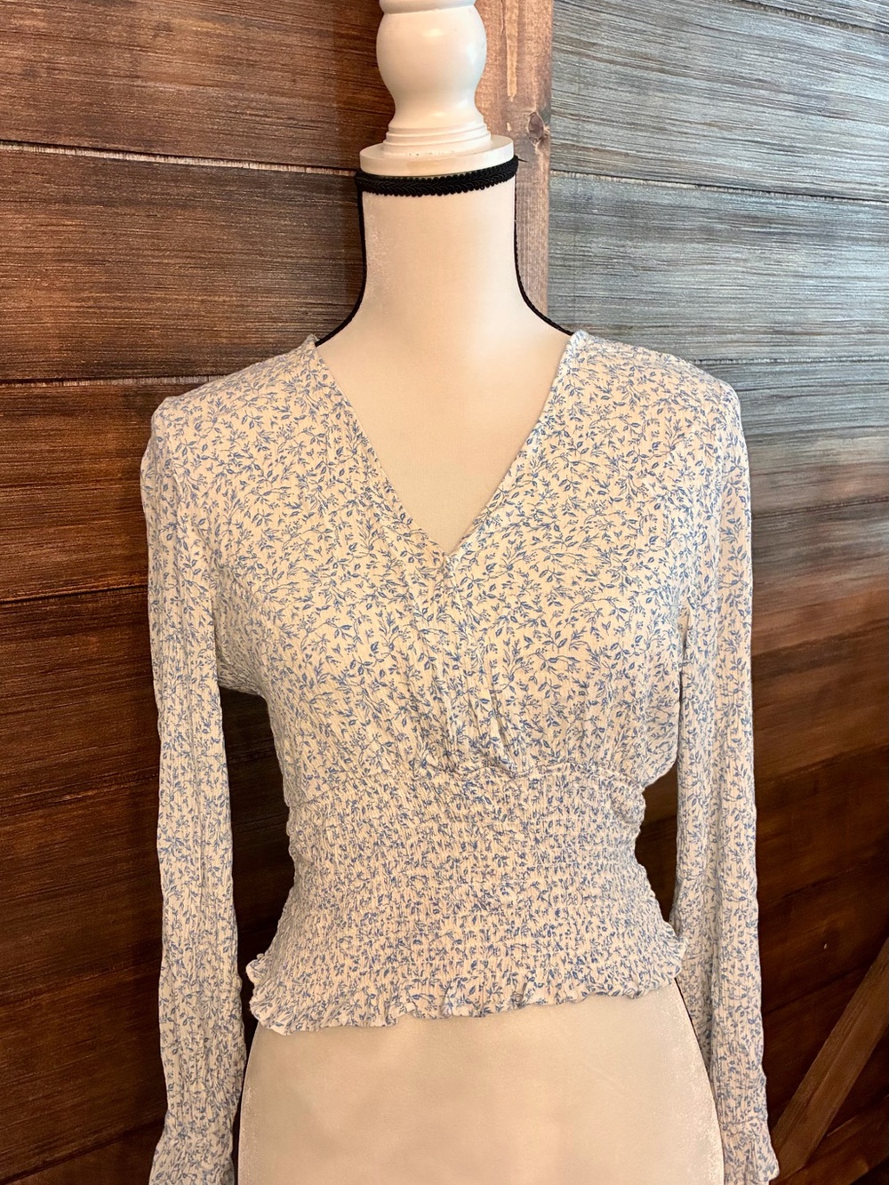 Paper Crane Blue & White Floral Smocked V-Neck Blouse